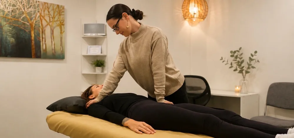 Bryhnn Freitas giving a hands-on shoulder and neck treatment in her treatment room.