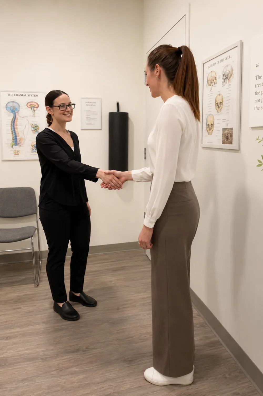 Bryhnn Freitas greeting a client with a handshake in her clinic.